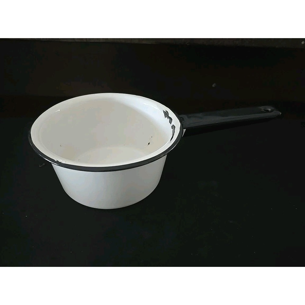 Antique Farmhouse White Enamelware black trim saucepan /‎ nesting pot